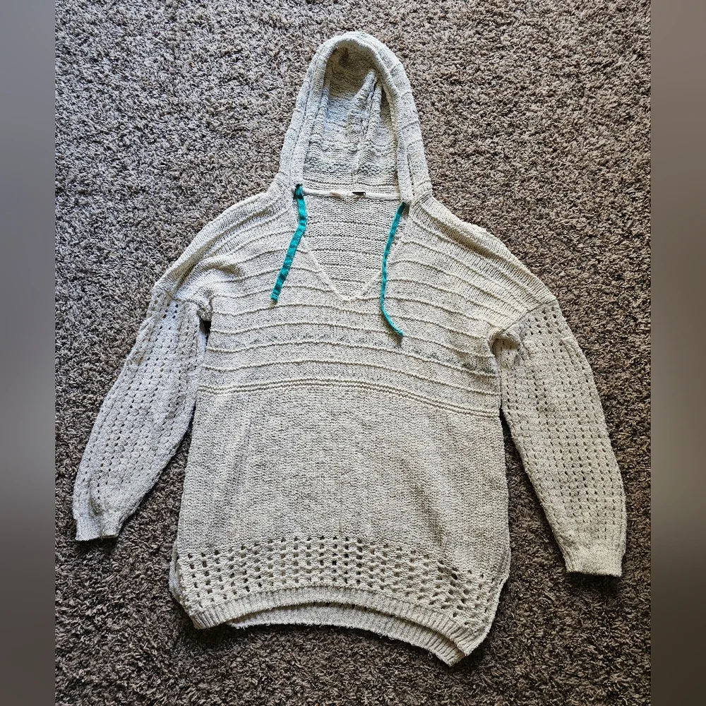 Free People light Beige‎ and blue knitted boho oversized hooded  sweater size L